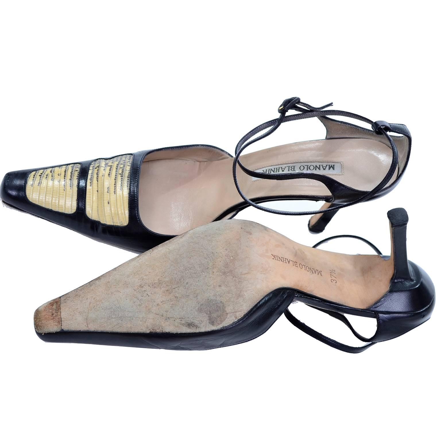 Beige Manolo Blahnik Shoes Lizard Roccia Vintage Ankle Strap Pumps in Size 37.5 For Sale