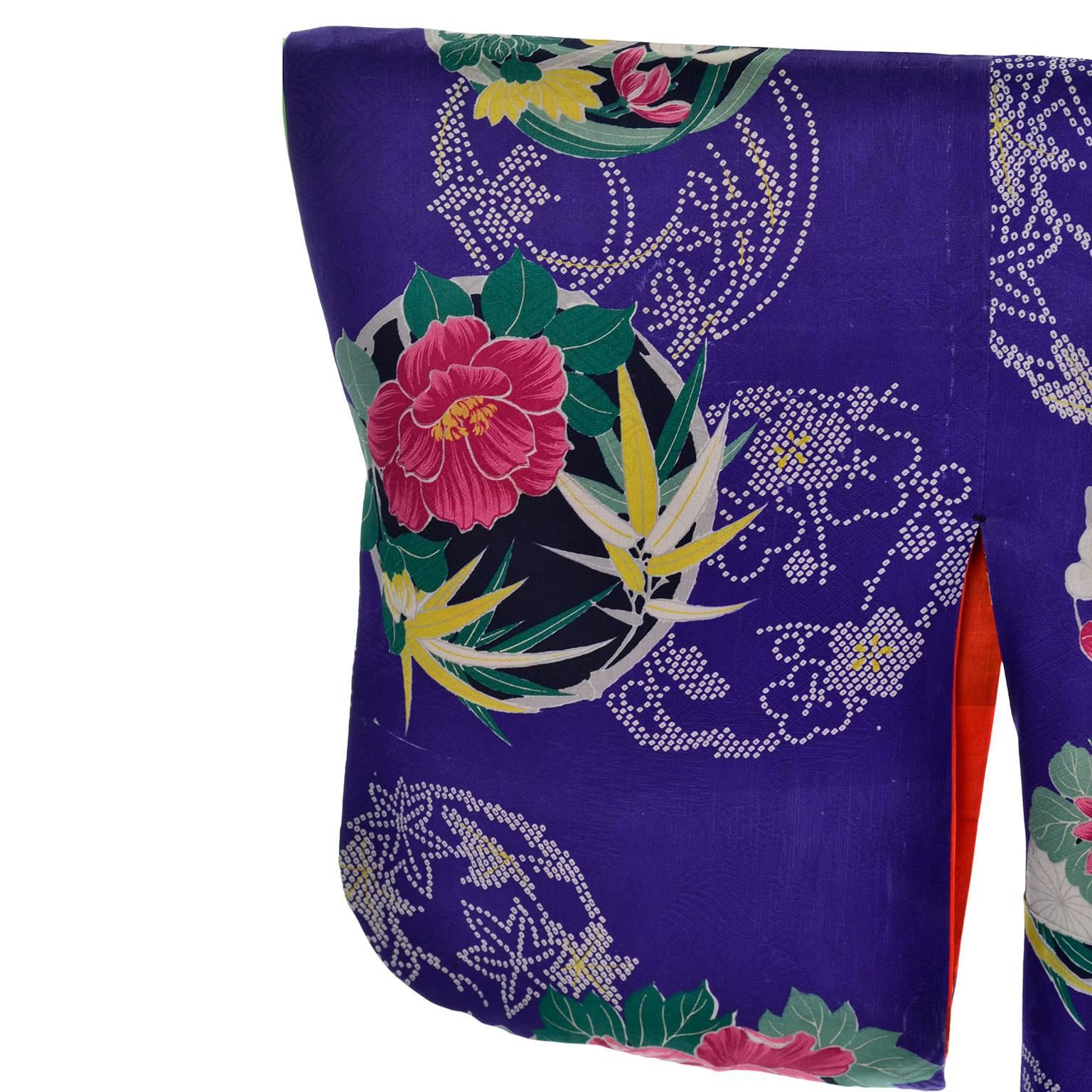 Royal Blue Vintage Silk Kimono Robe With Pink and Yellow Flowers and ...