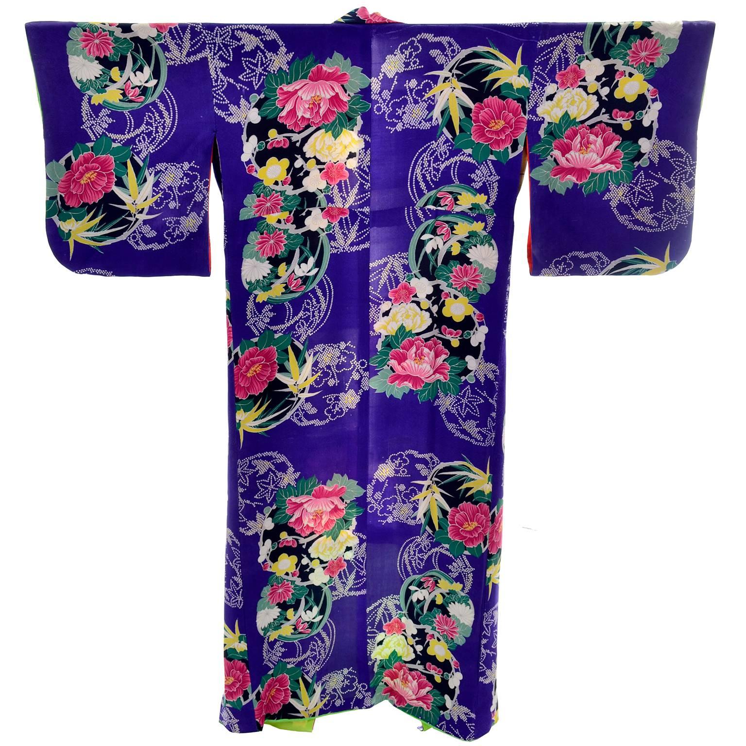 Royal Blue Vintage Silk Kimono Robe With Pink & Yellow Flowers and Silk Lining