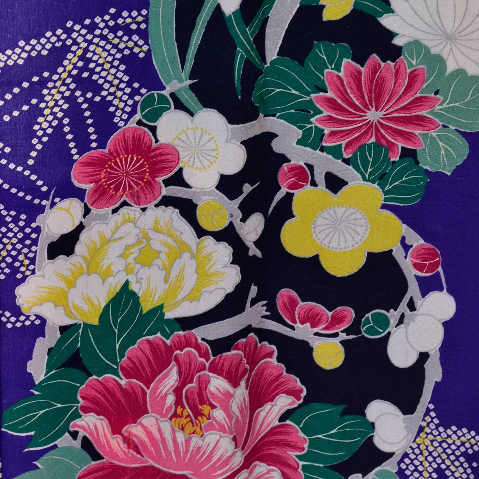 Purple Royal Blue Vintage Silk Kimono Robe With Pink & Yellow Flowers and Silk Lining For Sale