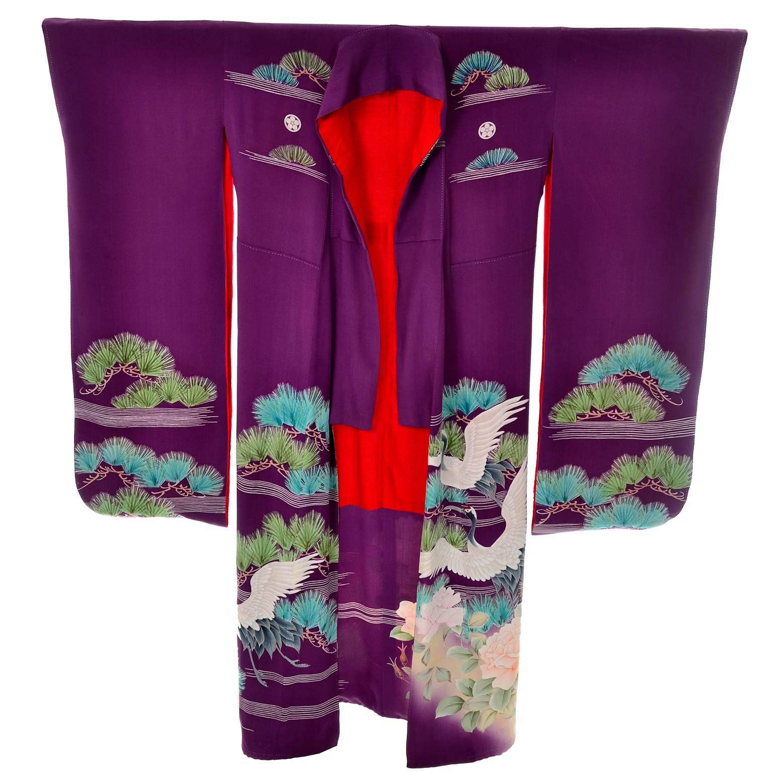 Purple Vintage Silk Kimono Furisode Style Yuzen dyed Pine Trees & Cranes w/ Mons