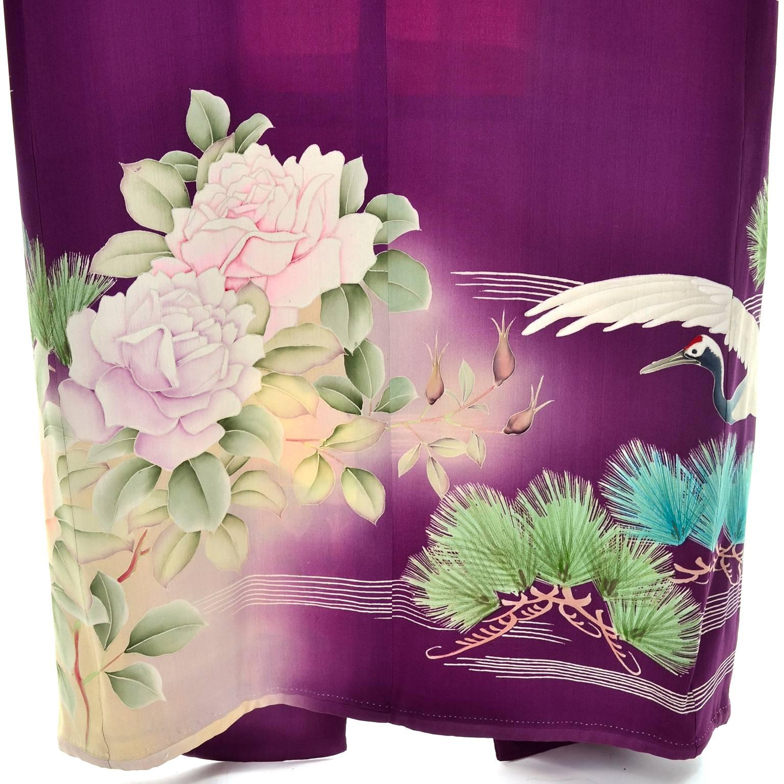 Purple Vintage Silk Kimono Furisode Style Yuzen dyed Pine Trees & Cranes w/ Mons In Excellent Condition In Portland, OR