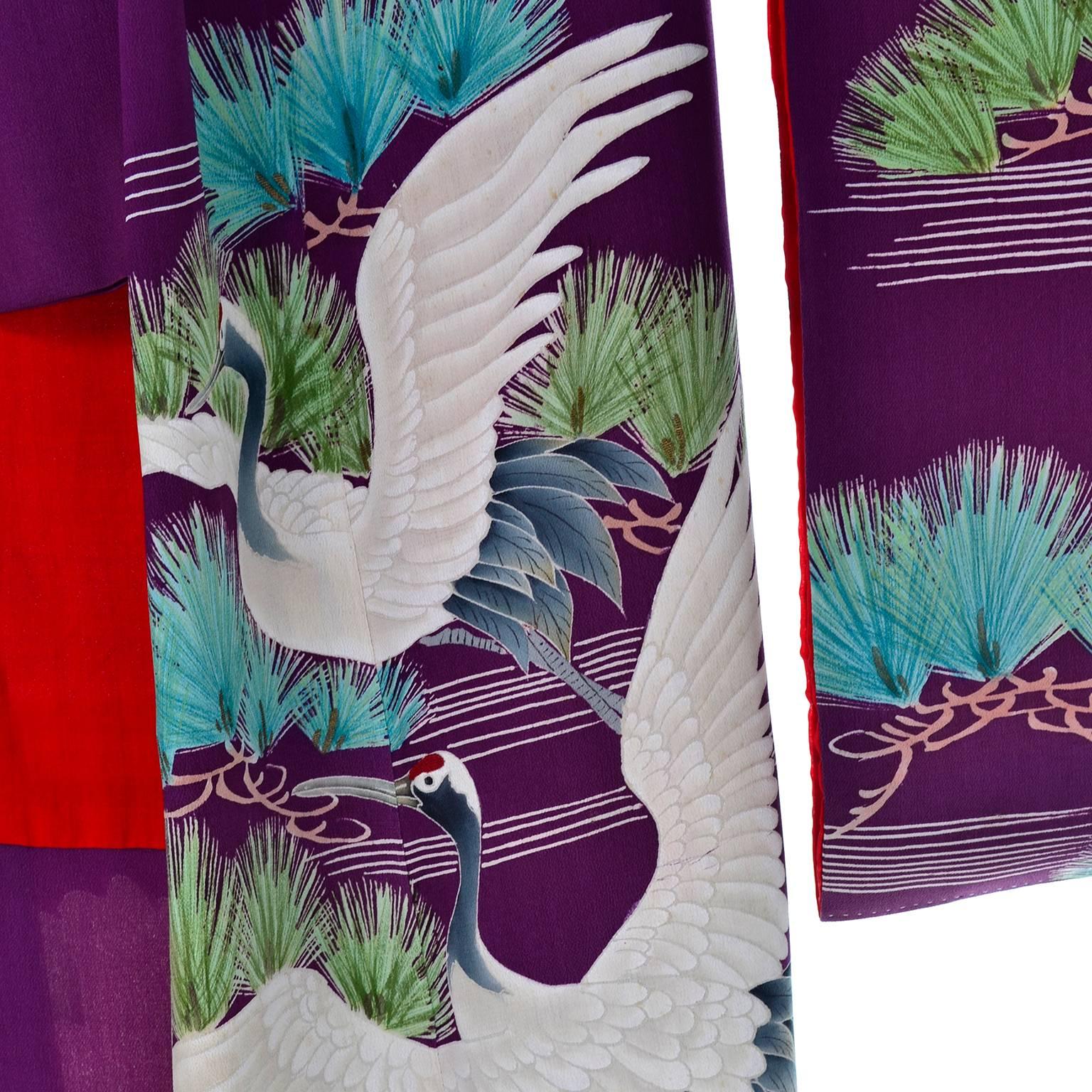 Women's or Men's Purple Vintage Silk Kimono Furisode Style Yuzen dyed Pine Trees & Cranes w/ Mons