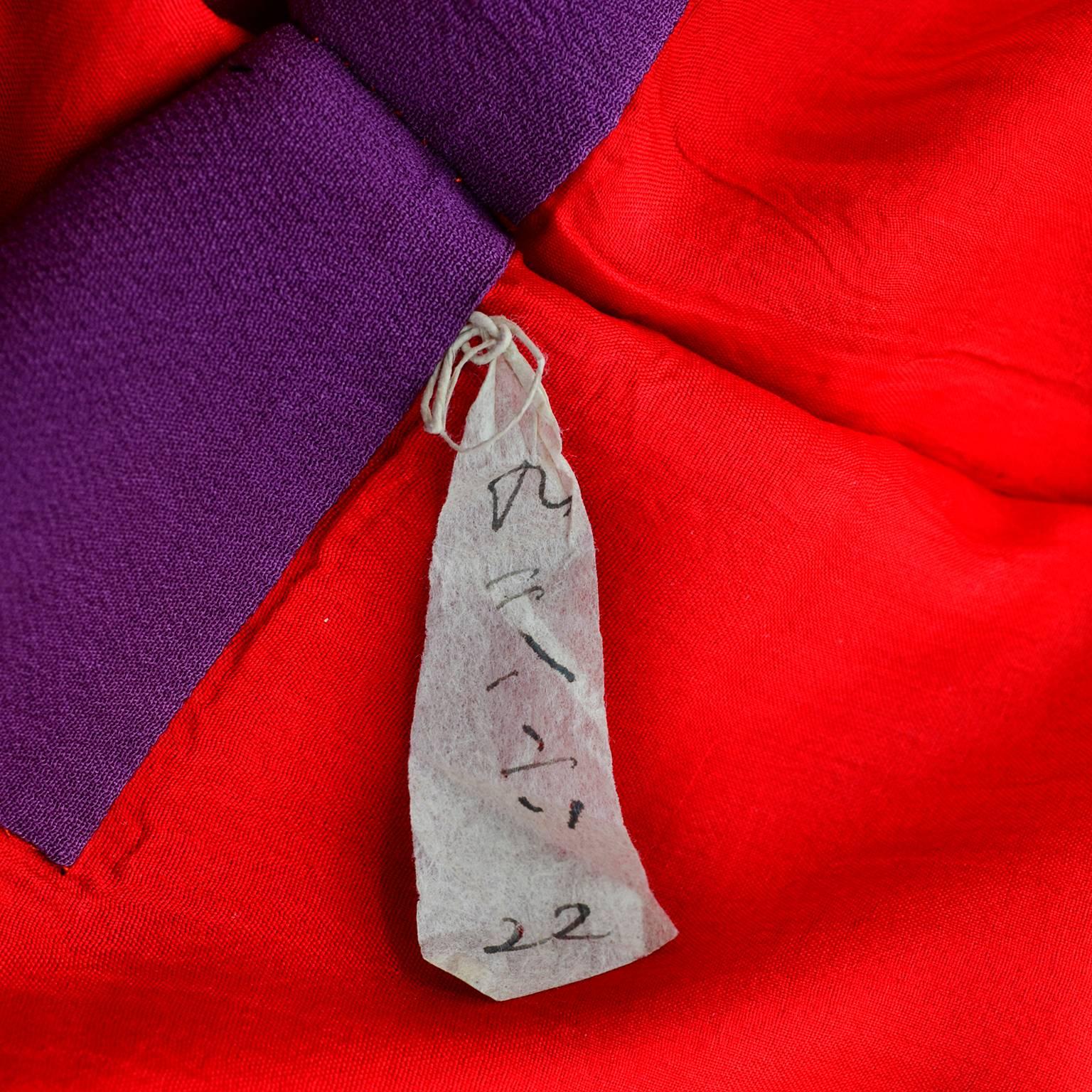 Purple Vintage Silk Kimono Furisode Style Yuzen dyed Pine Trees & Cranes w/ Mons 3