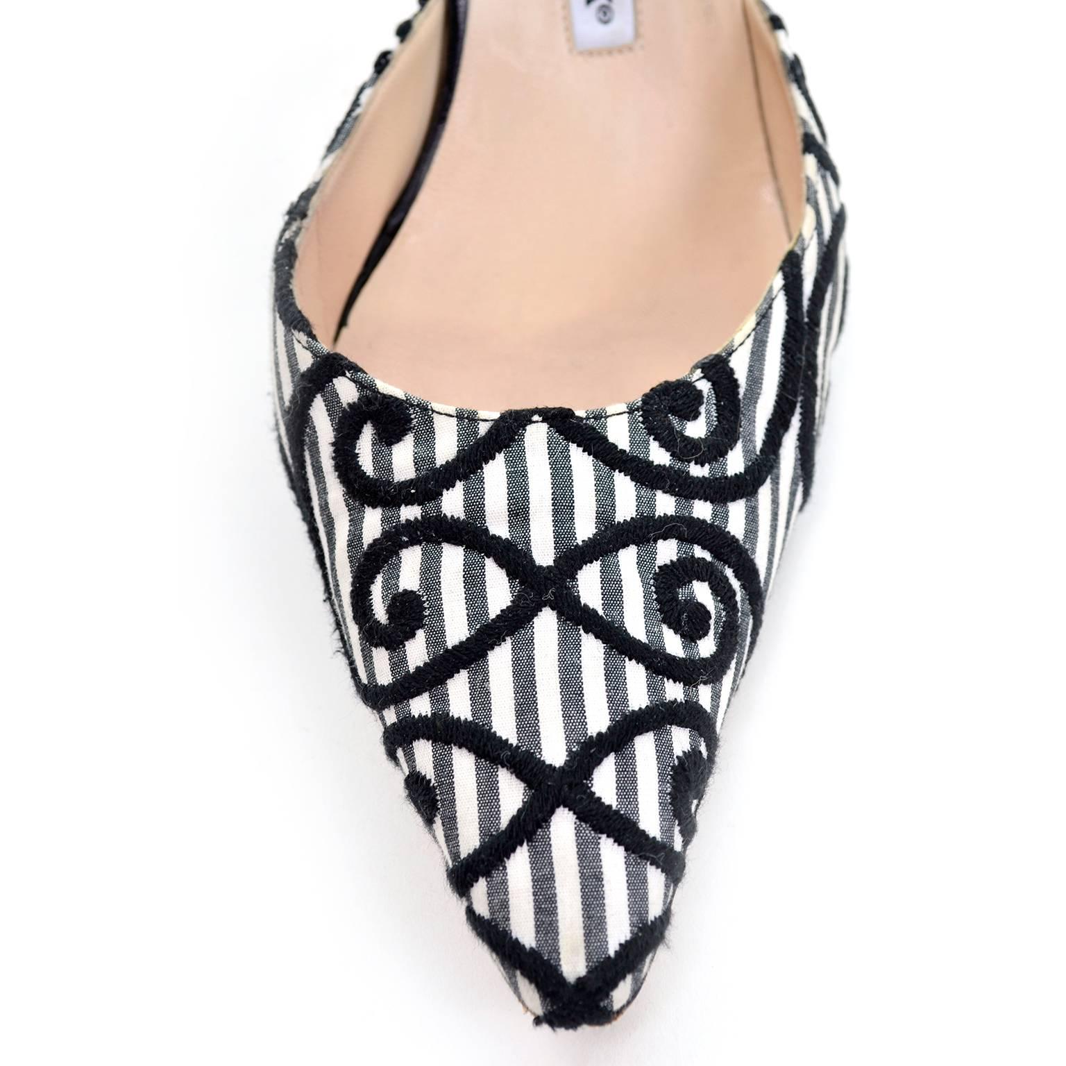 Beige Manolo Blahnik Carolyne Sling Back Shoes in Black & White Swirls Size 37.5