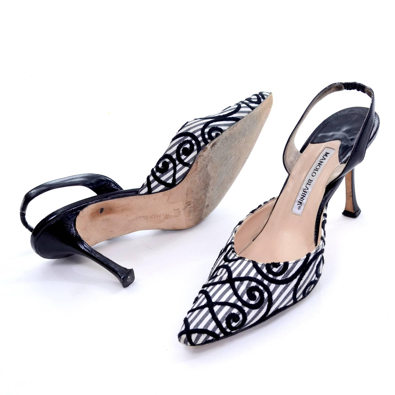 Manolo Blahnik Carolyne Sling Back Shoes in Black & White Swirls Size 37.5 In Good Condition In Portland, OR
