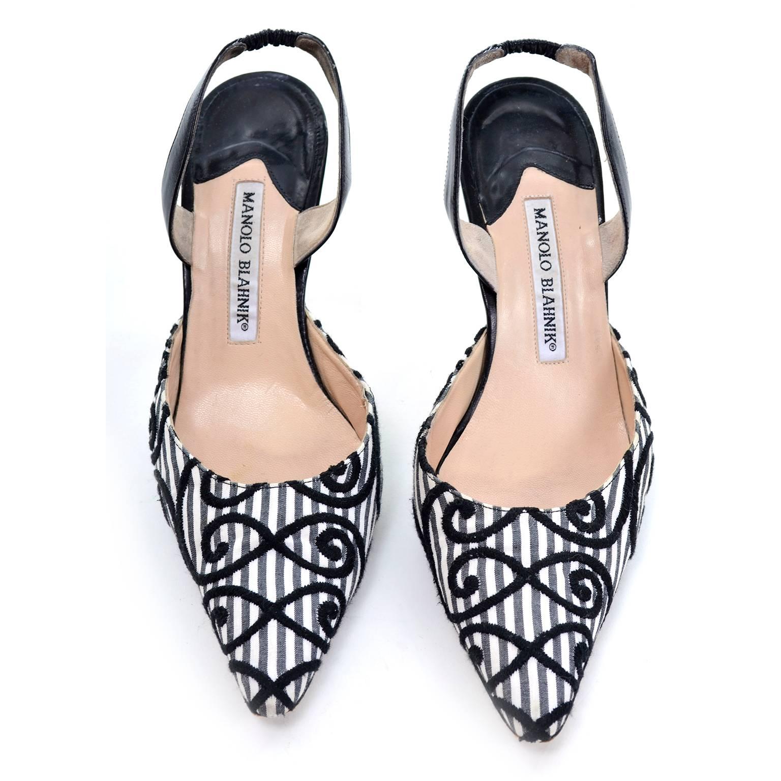 Manolo Blahnik Carolyne Sling Back Shoes in Black and White Swirls Size ...