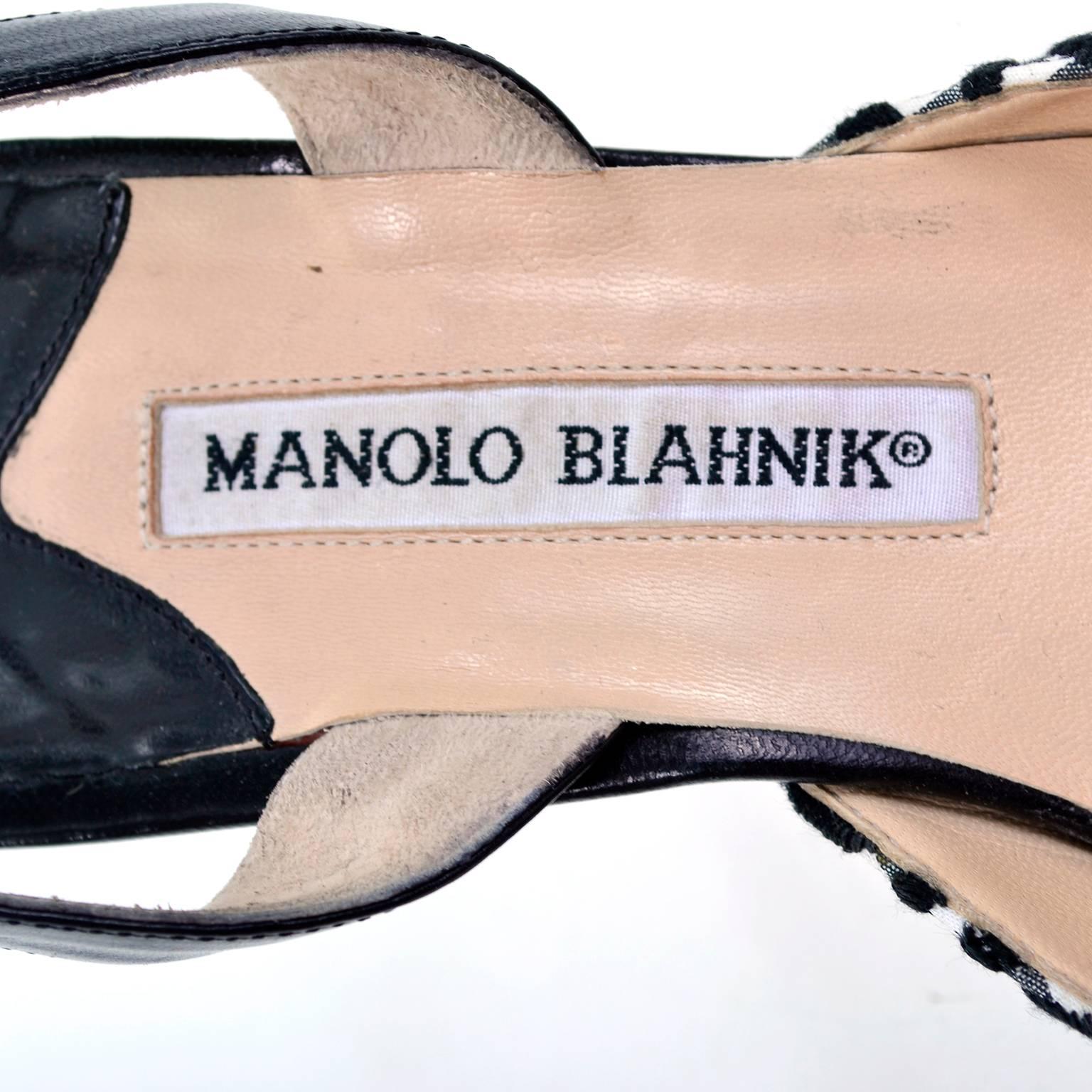 Manolo Blahnik Carolyne Sling Back Shoes in Black & White Swirls Size 37.5 1