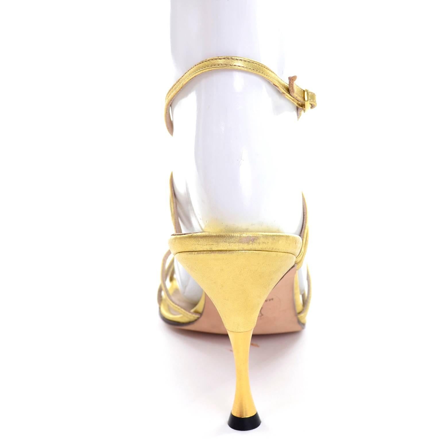 Women's 1980s Manolo Blahnik London Shoes Rare Vintage gold Metallic Strappy Heels 39 For Sale