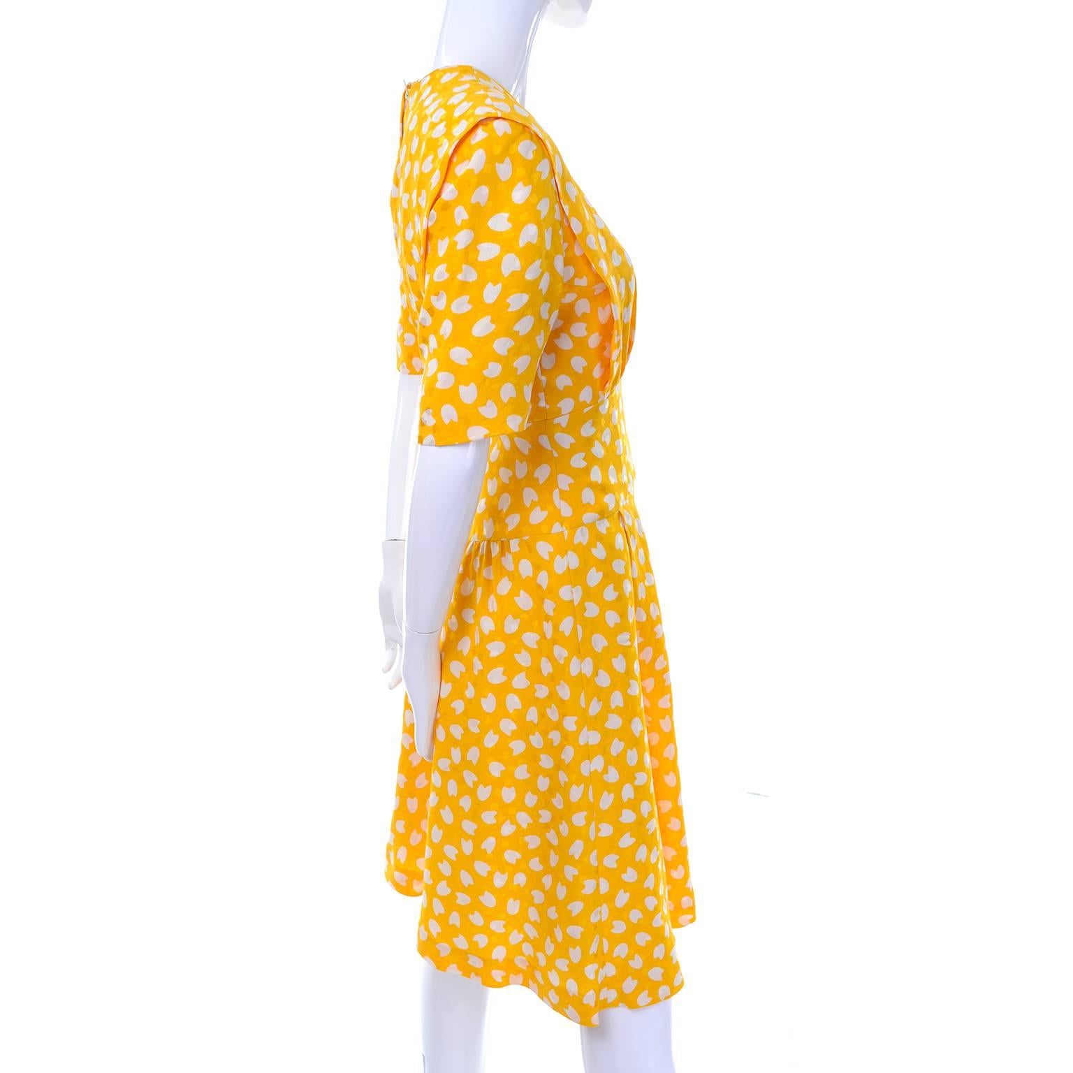 Orange Vintage Silk Dress Unlabeled Couture in Abstract Yellow & White Tulip Print