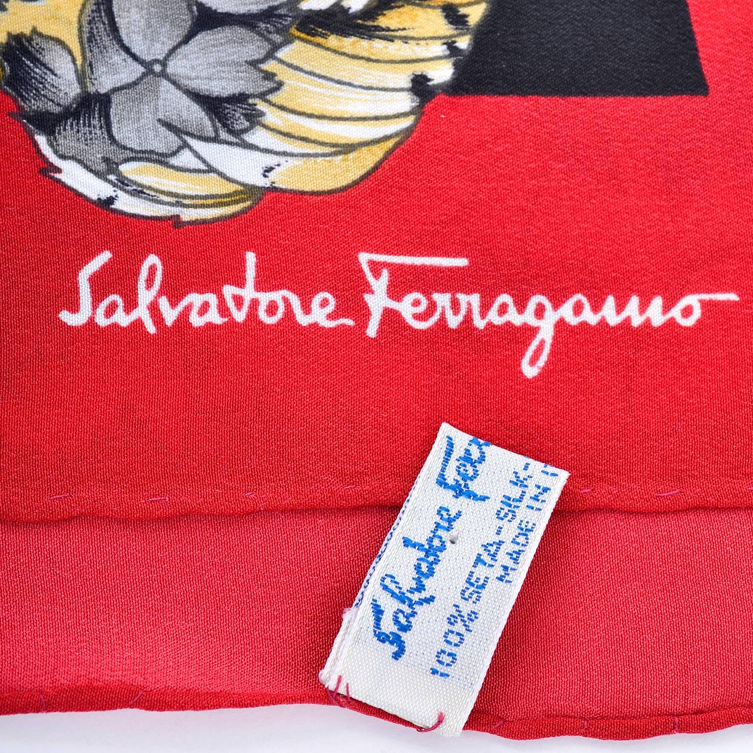 Salvatore Ferragamo Vintage Silk Scarf in Leopard Jungle Print with Red Border In Excellent Condition In Portland, OR