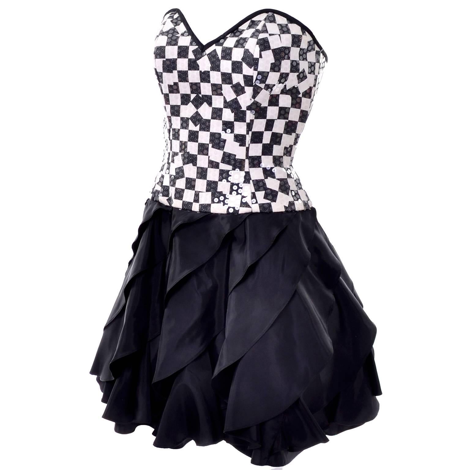 Lillie Rubin Vintage Black and Ivory Checked Sequined Strapless Dress,  1980s  For Sale