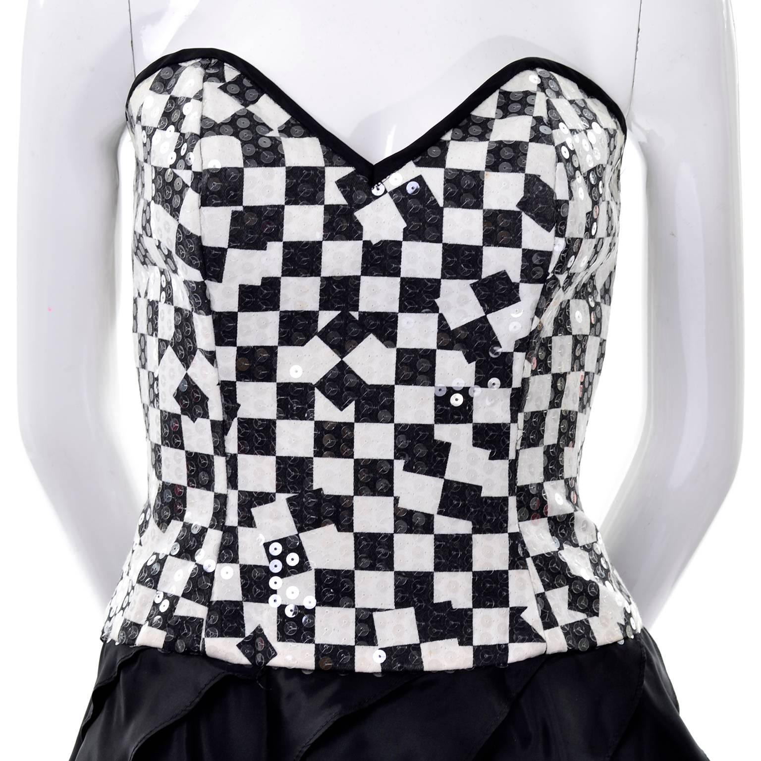 Women's Lillie Rubin Vintage Black and Ivory Checked Sequined Strapless Dress,  1980s  For Sale