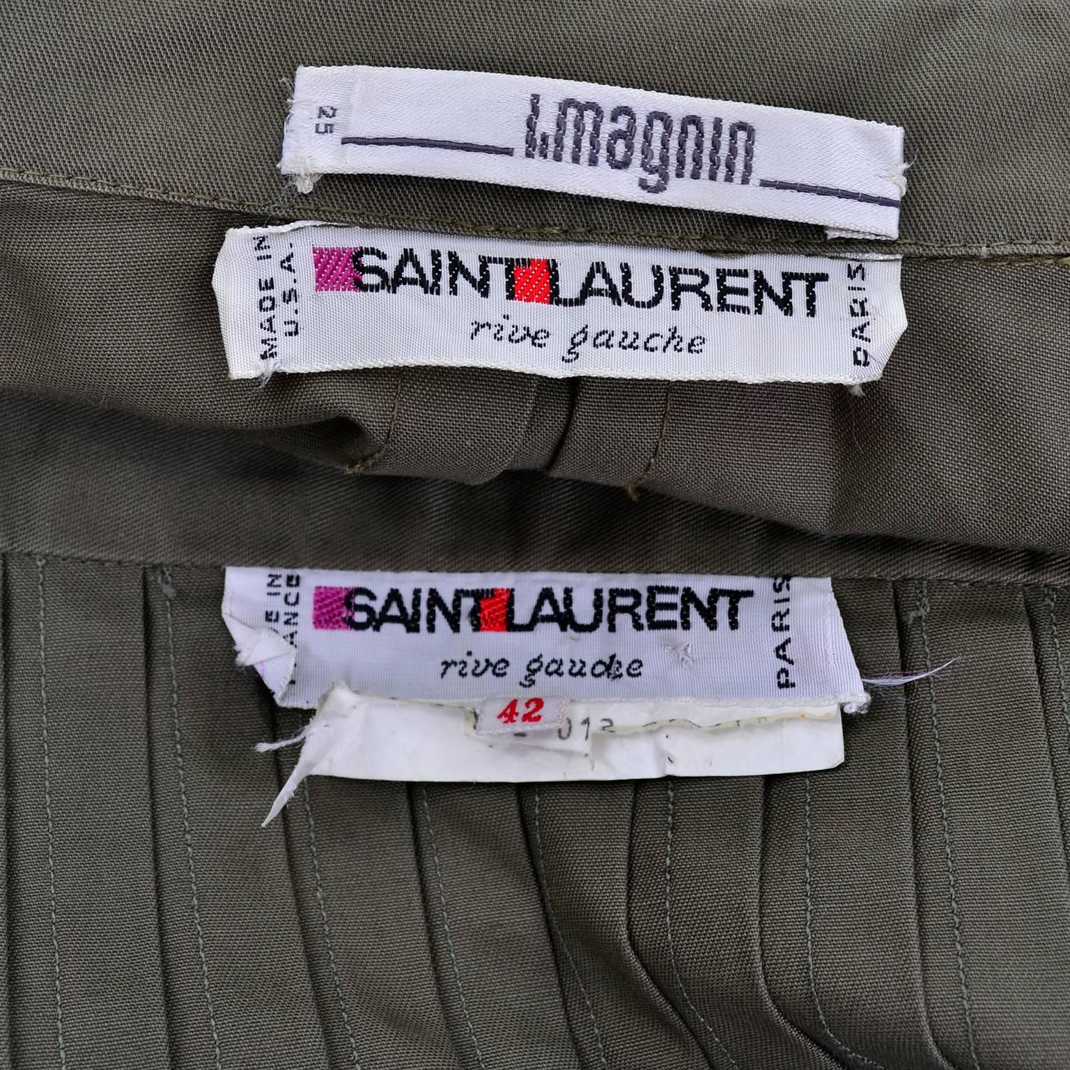 YSL Yves Saint Laurent Vintage Olive Khaki Skirt & Jacket Safari Inspired Suit In Excellent Condition In Portland, OR