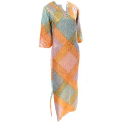 1960s Dynasty Vintage Caftan Dress in Metallic Gold Orange Blue & Pink