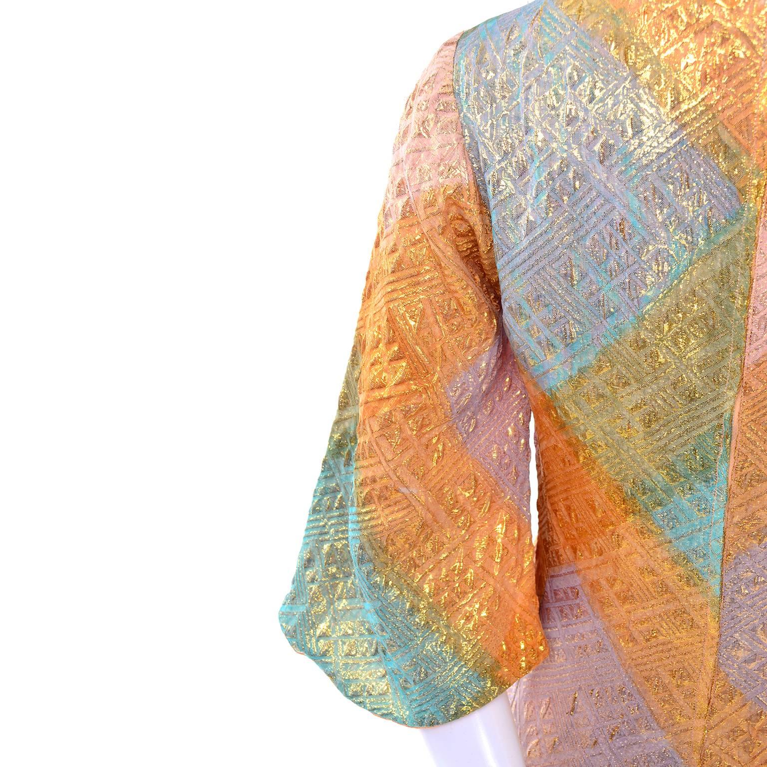 1960s Dynasty Vintage Caftan Dress in Metallic Gold Orange Blue & Pink  In Excellent Condition In Portland, OR