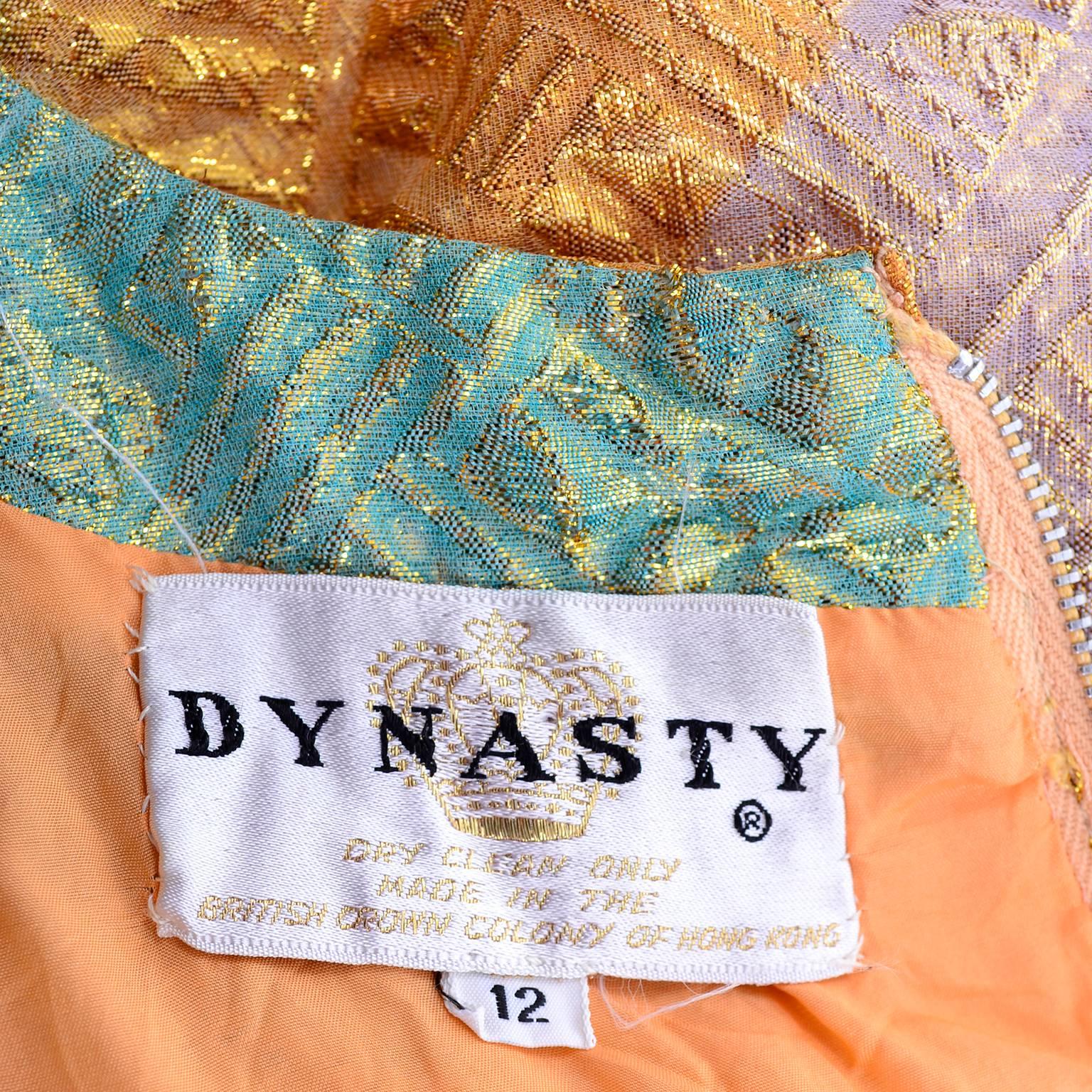 1960s Dynasty Vintage Caftan Dress in Metallic Gold Orange Blue & Pink  1