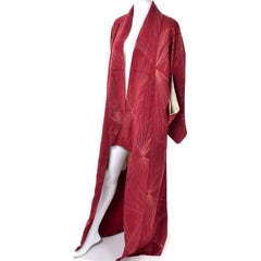 Vintage Rust Burgundy Silk Kimono w/ Gold Metallic Embroidery for Fall