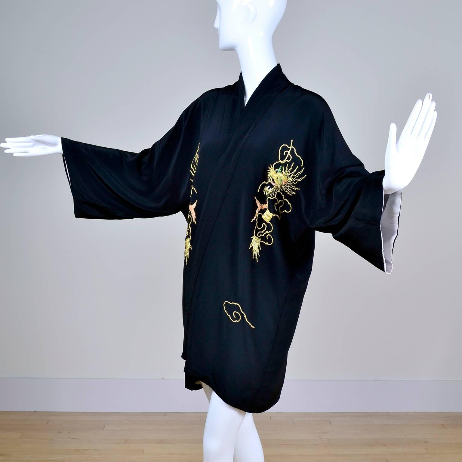 Vintage Black Silk Dragons Kimono with Thick Gold Metallic Embroidery In Excellent Condition In Portland, OR