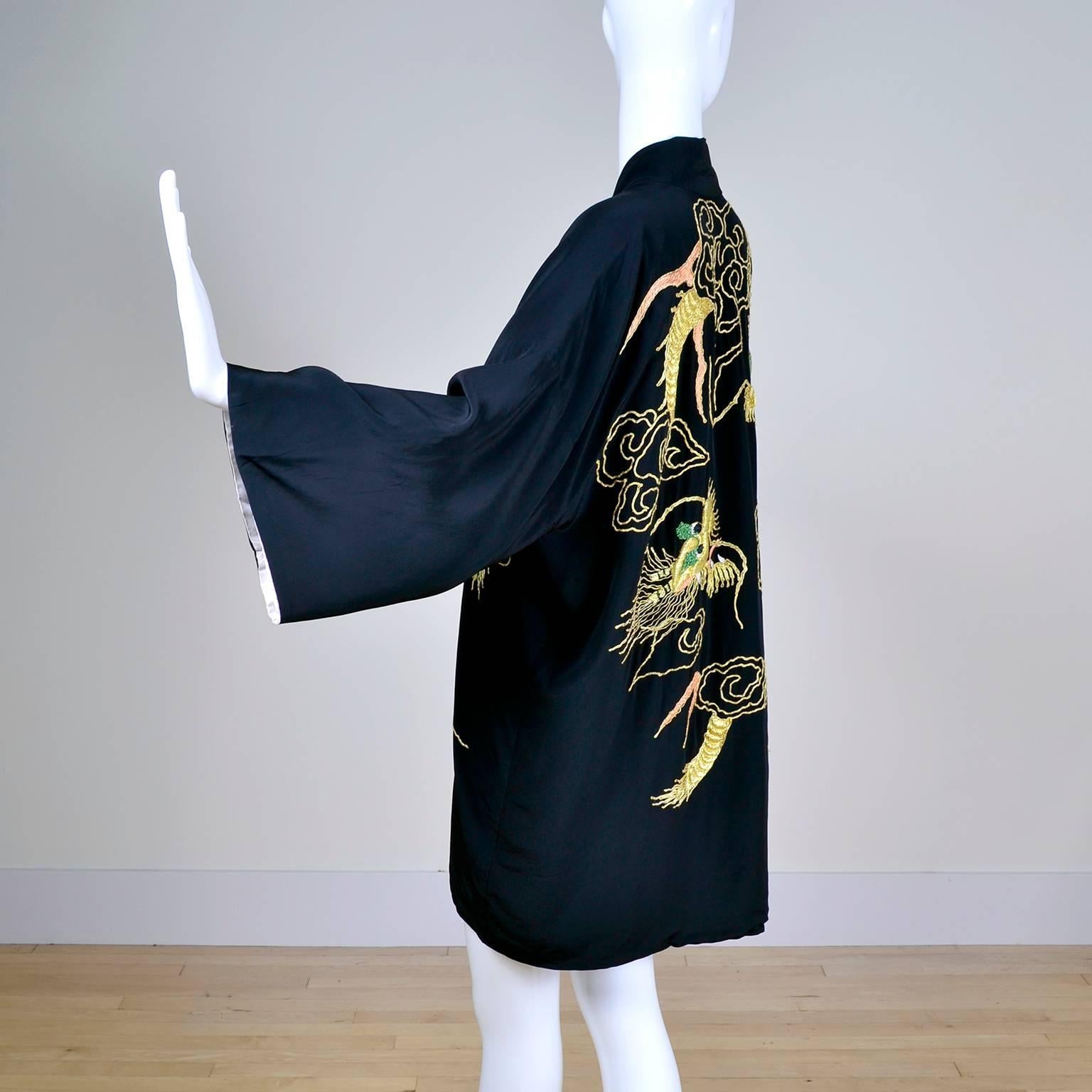 Women's Vintage Black Silk Dragons Kimono with Thick Gold Metallic Embroidery