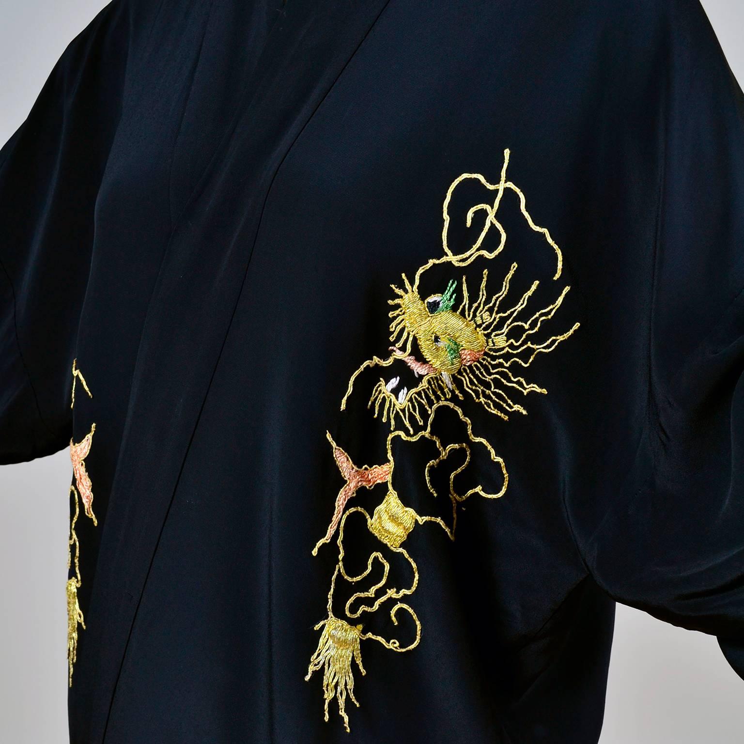 Vintage Black Silk Dragons Kimono with Thick Gold Metallic Embroidery 1