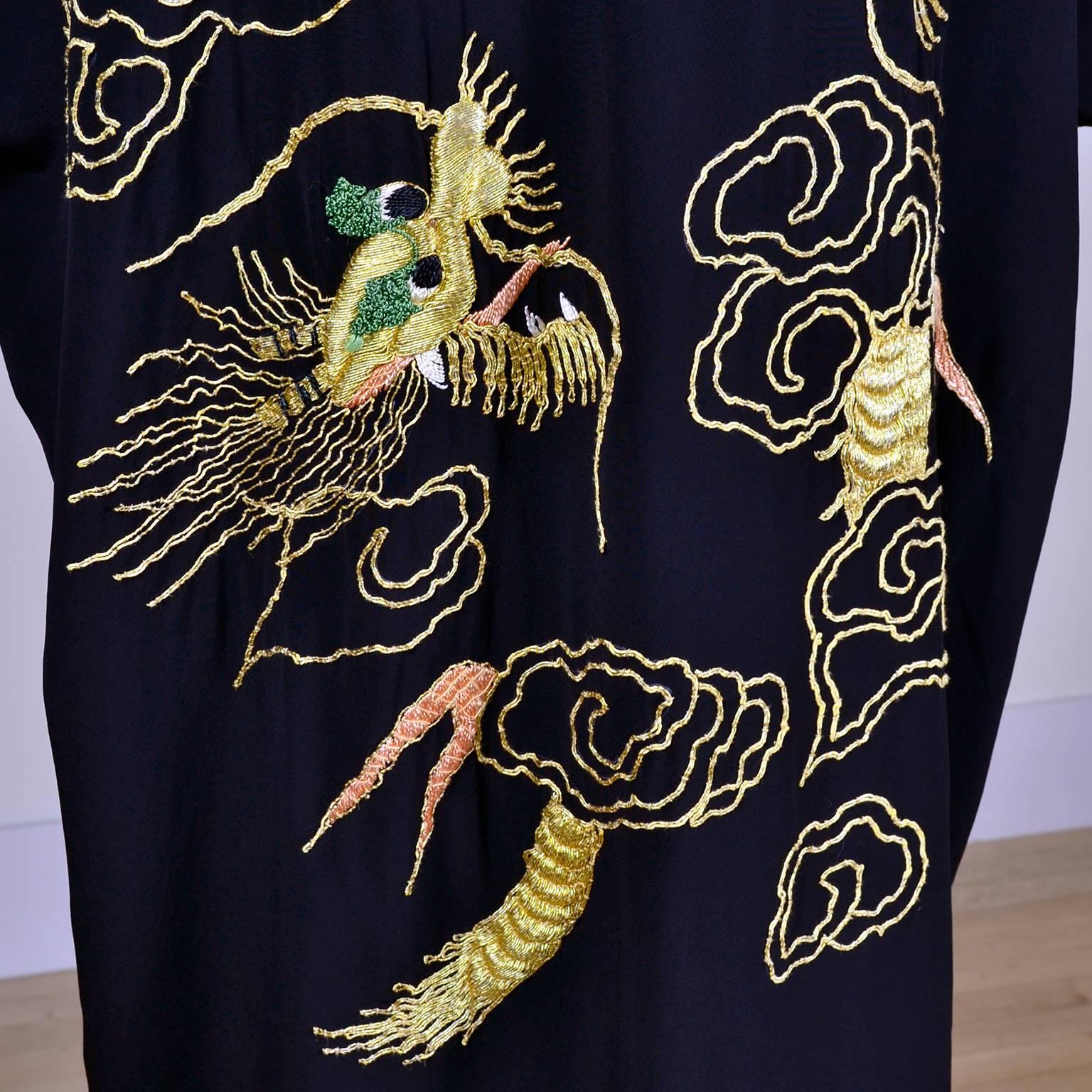 Vintage Black Silk Dragons Kimono with Thick Gold Metallic Embroidery 2