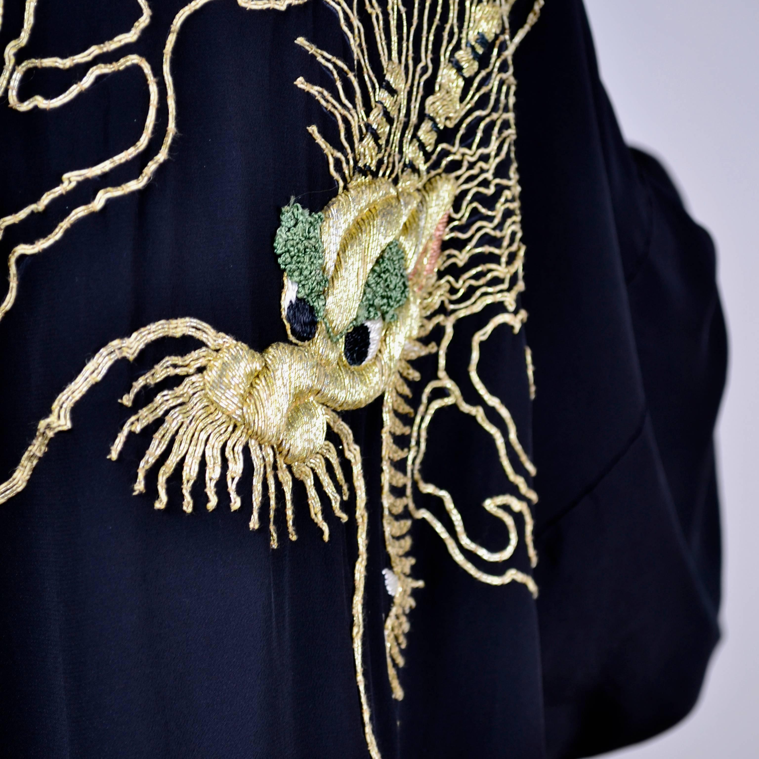 Vintage Black Silk Dragons Kimono with Thick Gold Metallic Embroidery 3
