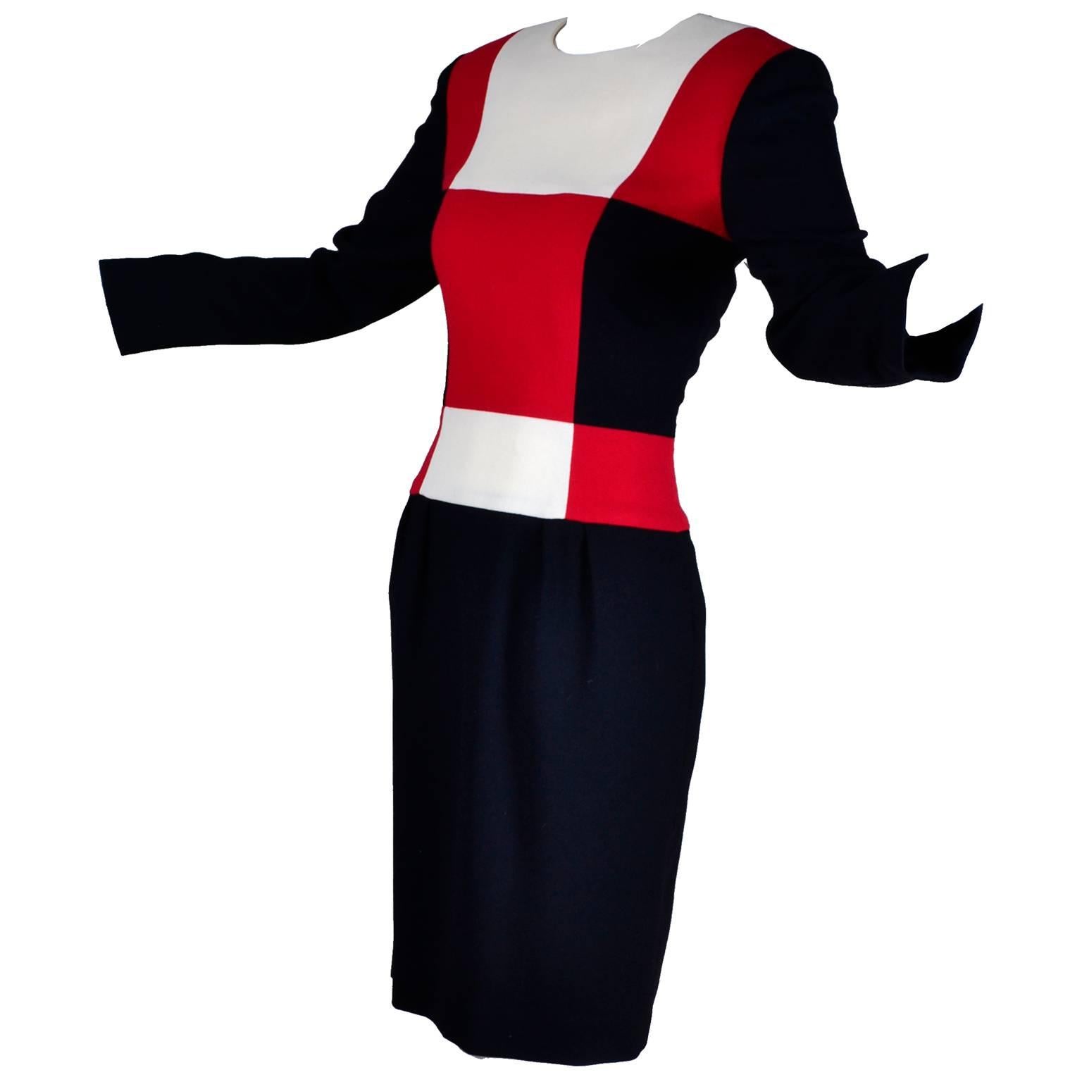 Scaasi 1980s Color Block Vintage Dress in Red Black and Cream