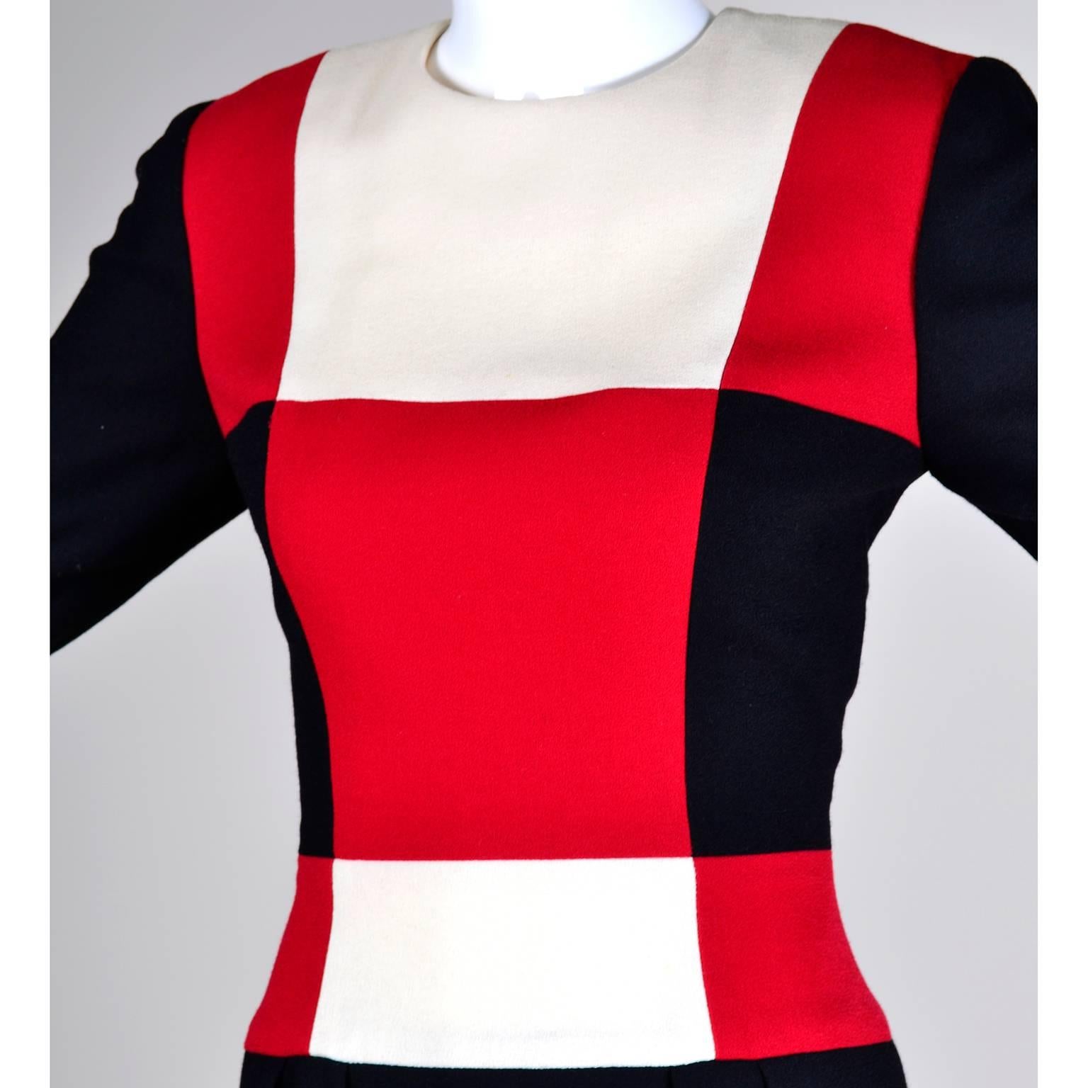 Scaasi 1980s Color Block Vintage Dress in Red Black and Cream In Excellent Condition In Portland, OR