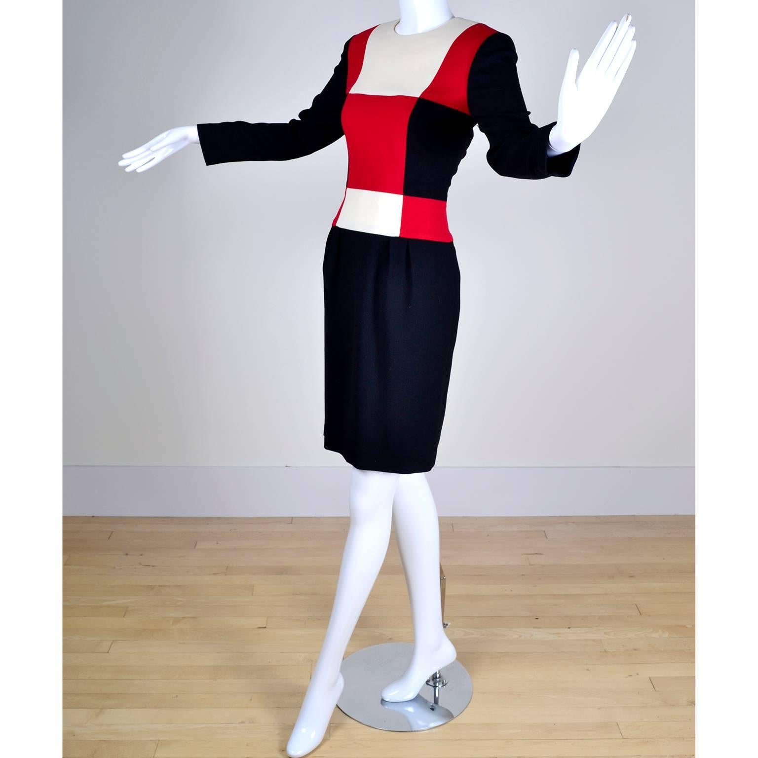 Women's Scaasi 1980s Color Block Vintage Dress in Red Black and Cream