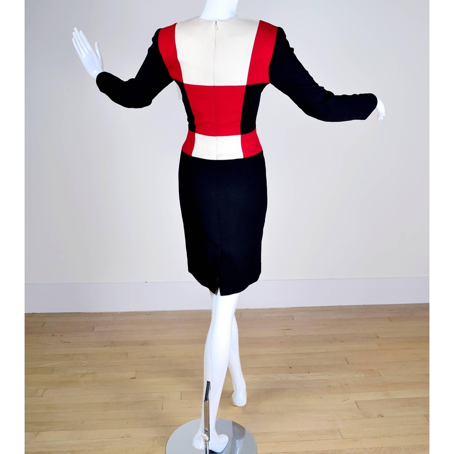 Scaasi 1980s Color Block Vintage Dress in Red Black and Cream 1
