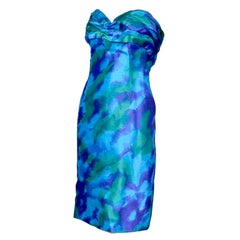 Loris Azzaro Paris Strapless Vintage Dress Blue Watercolor Silk 4