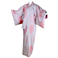 Vintage Long Silk Japanese Kimono With Abstract Salmon Design & Purple Lining