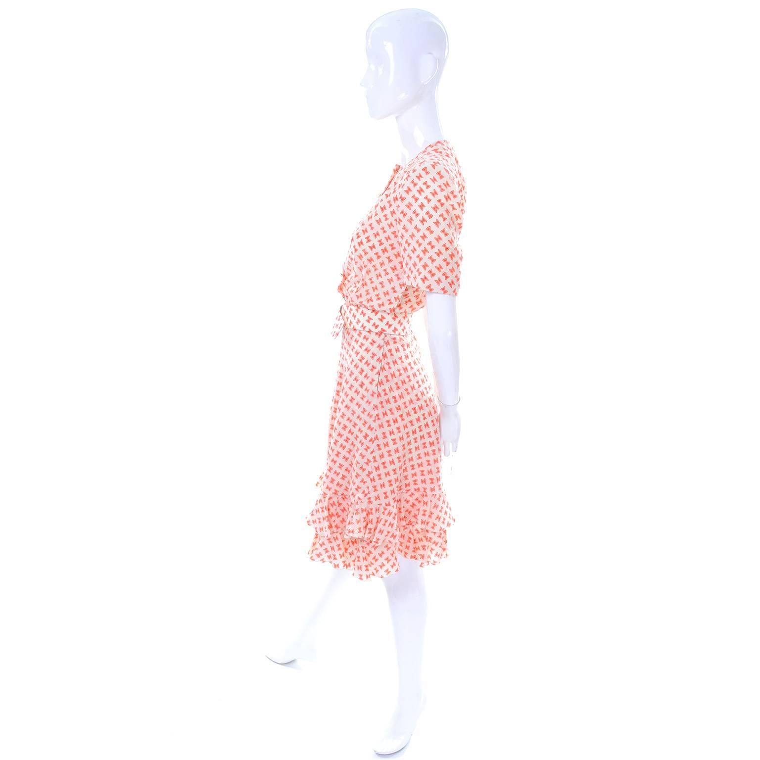 Women's Vintage Couture Dress with Orange & White Silk Bow Print and Ruffled Hem Size 2 For Sale