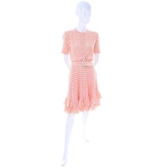 Vintage Couture Dress with Orange & White Silk Bow Print and Ruffled Hem Size 2