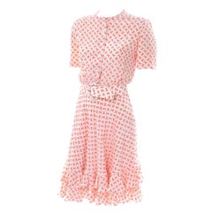 Used Couture Dress with Orange & White Silk Bow Print and Ruffled Hem Size 2