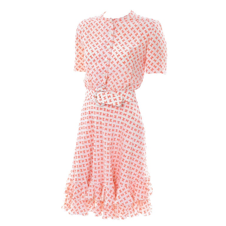 Vintage Couture Dress with Orange and White Silk Bow Print and Ruffled