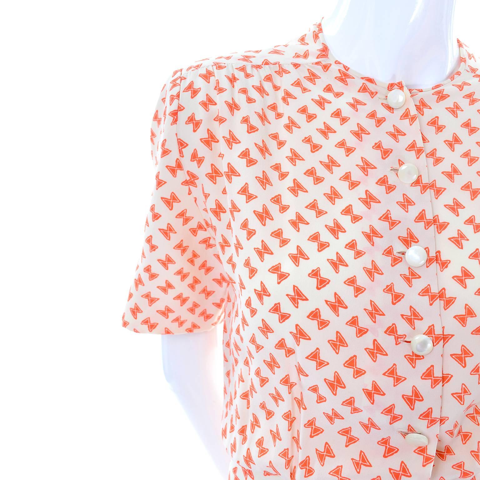 Pink Vintage Couture Dress with Orange & White Silk Bow Print and Ruffled Hem Size 2 For Sale