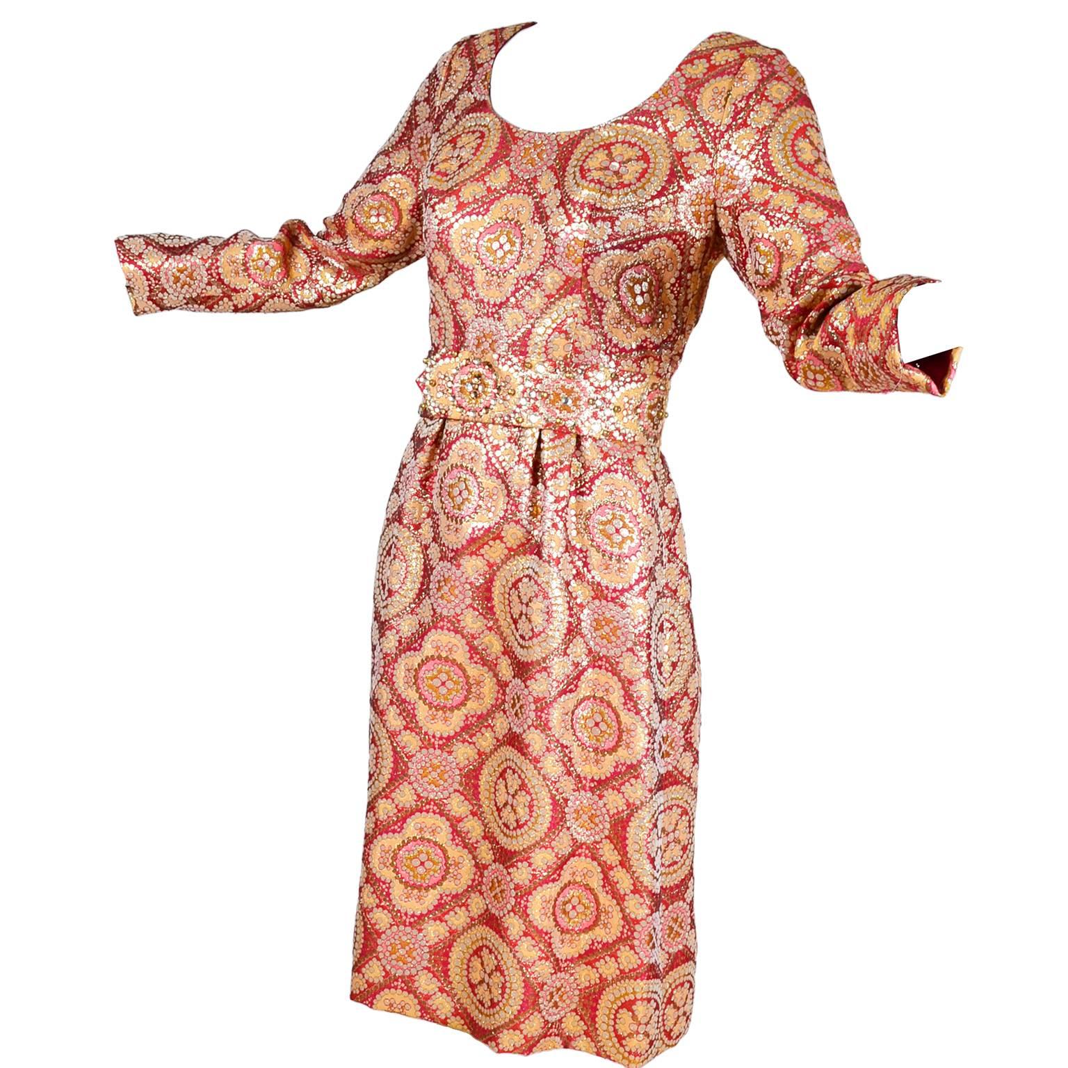 1960s Copper Gold Metallic Vintage Adele Simpson Dress W/ Rhinestone Belt