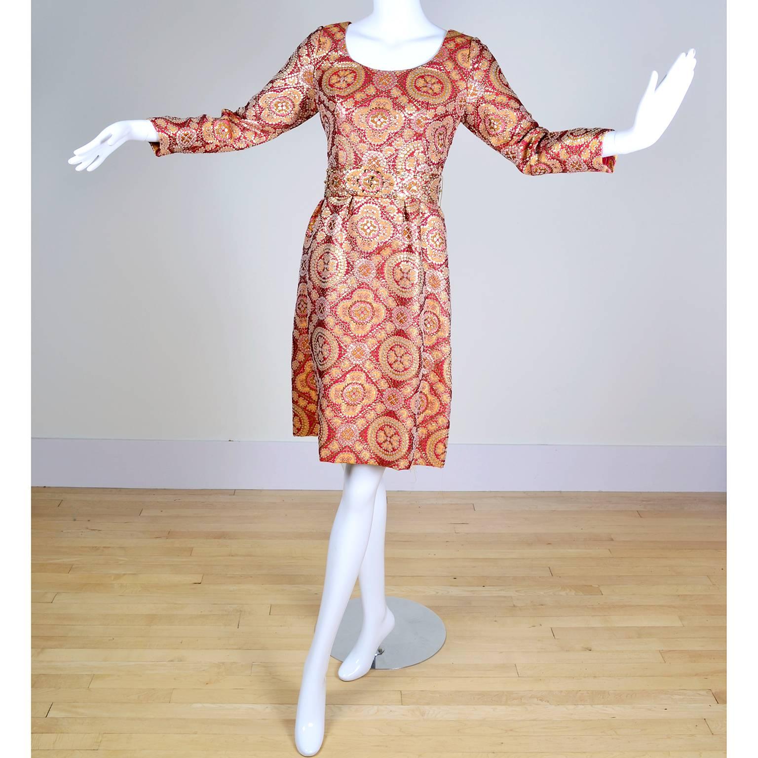 Women's 1960s Copper Gold Metallic Vintage Adele Simpson Dress W/ Rhinestone Belt