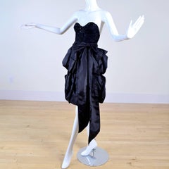 1980s Vintage Black Dress W/ Beaded Lace Bustier & Layered Taffeta Puff Skirt
