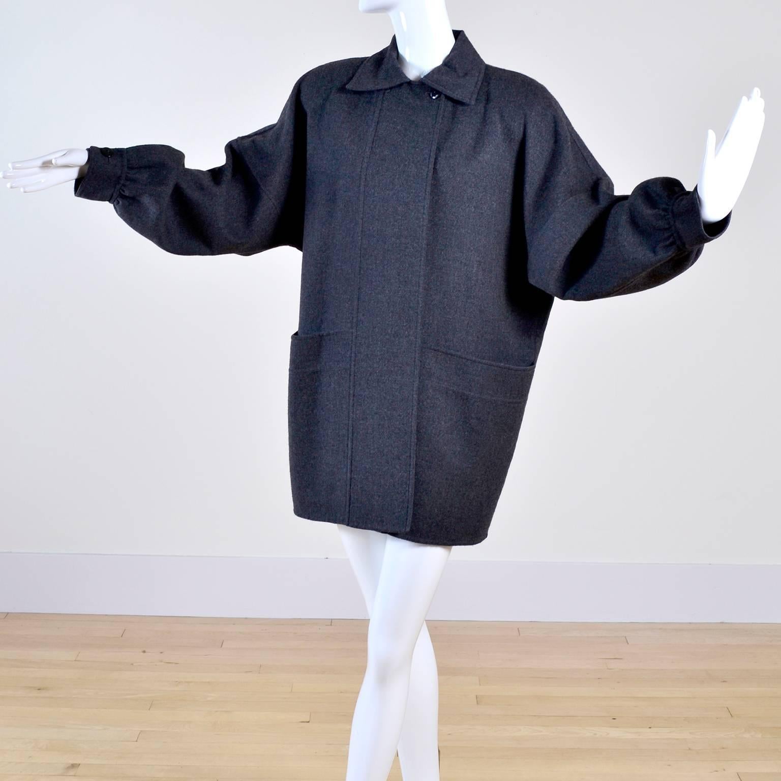 Women's Vintage Salvatore Ferragamo Coat 1980s Oversized Gray Wool Jacket W Pockets For Sale