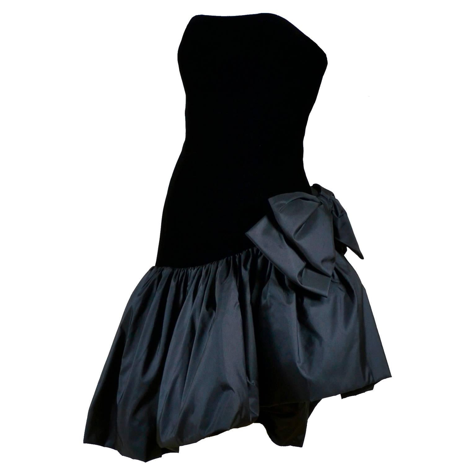 1980s Victor Costa Vintage Strapless Velvet & Taffeta Black Dress