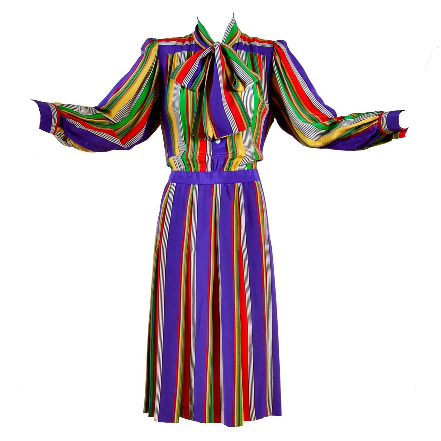 1982 Yves Saint Laurent YSL Documented Vintage Multi Colored Striped Silk Dress