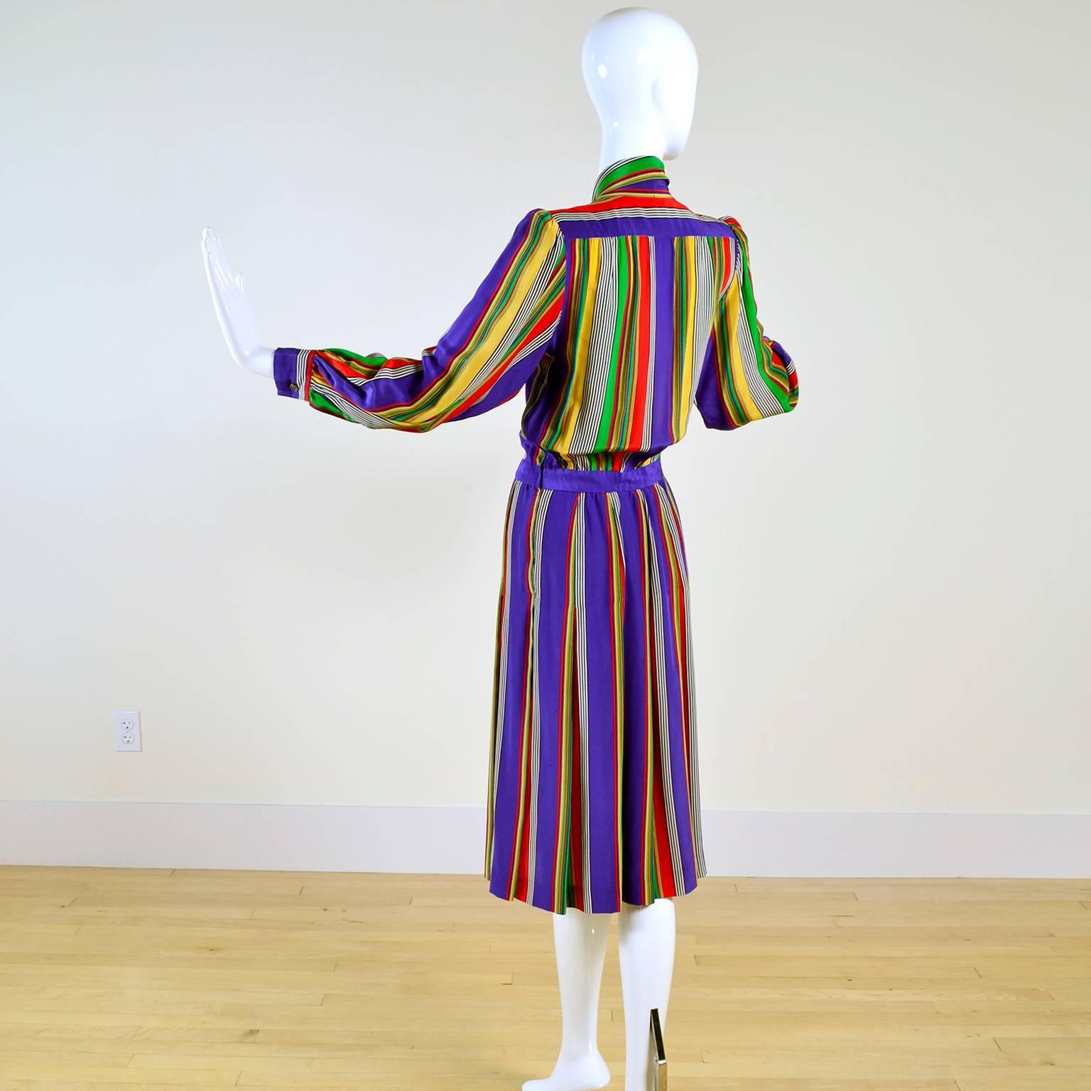 Purple 1982 Yves Saint Laurent YSL Documented Vintage Multi Colored Striped Silk Dress