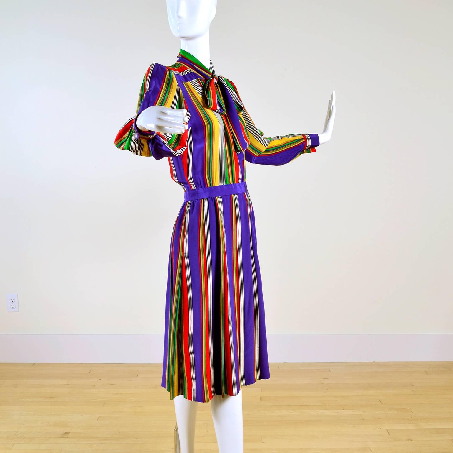 1982 Yves Saint Laurent YSL Documented Vintage Multi Colored Striped Silk Dress In Excellent Condition In Portland, OR