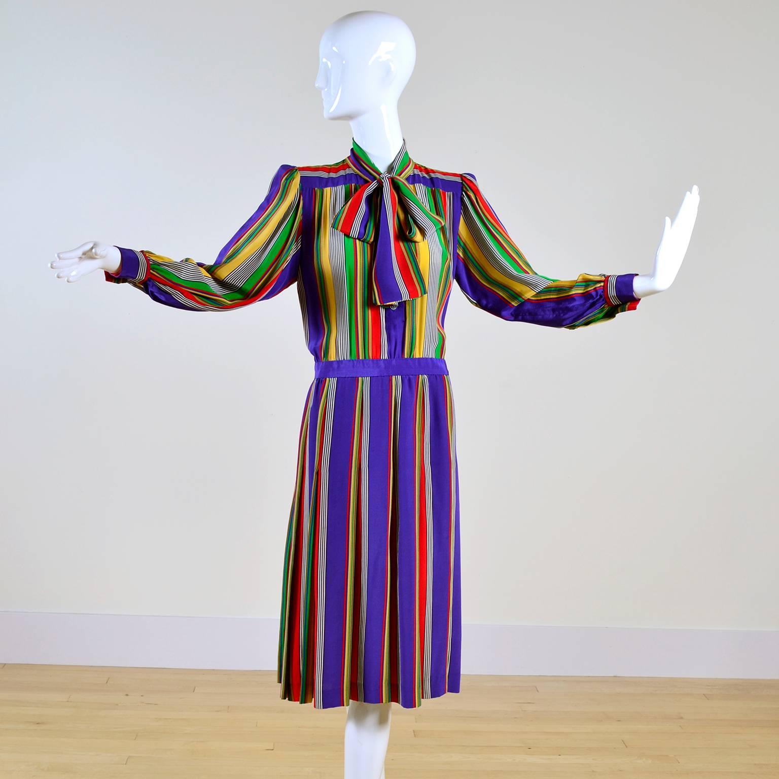 Women's 1982 Yves Saint Laurent YSL Documented Vintage Multi Colored Striped Silk Dress