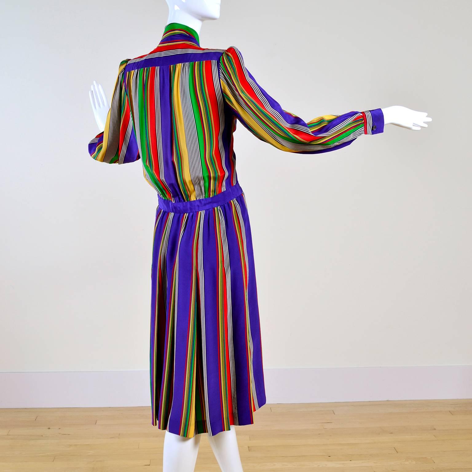 1982 Yves Saint Laurent YSL Documented Vintage Multi Colored Striped Silk Dress 1