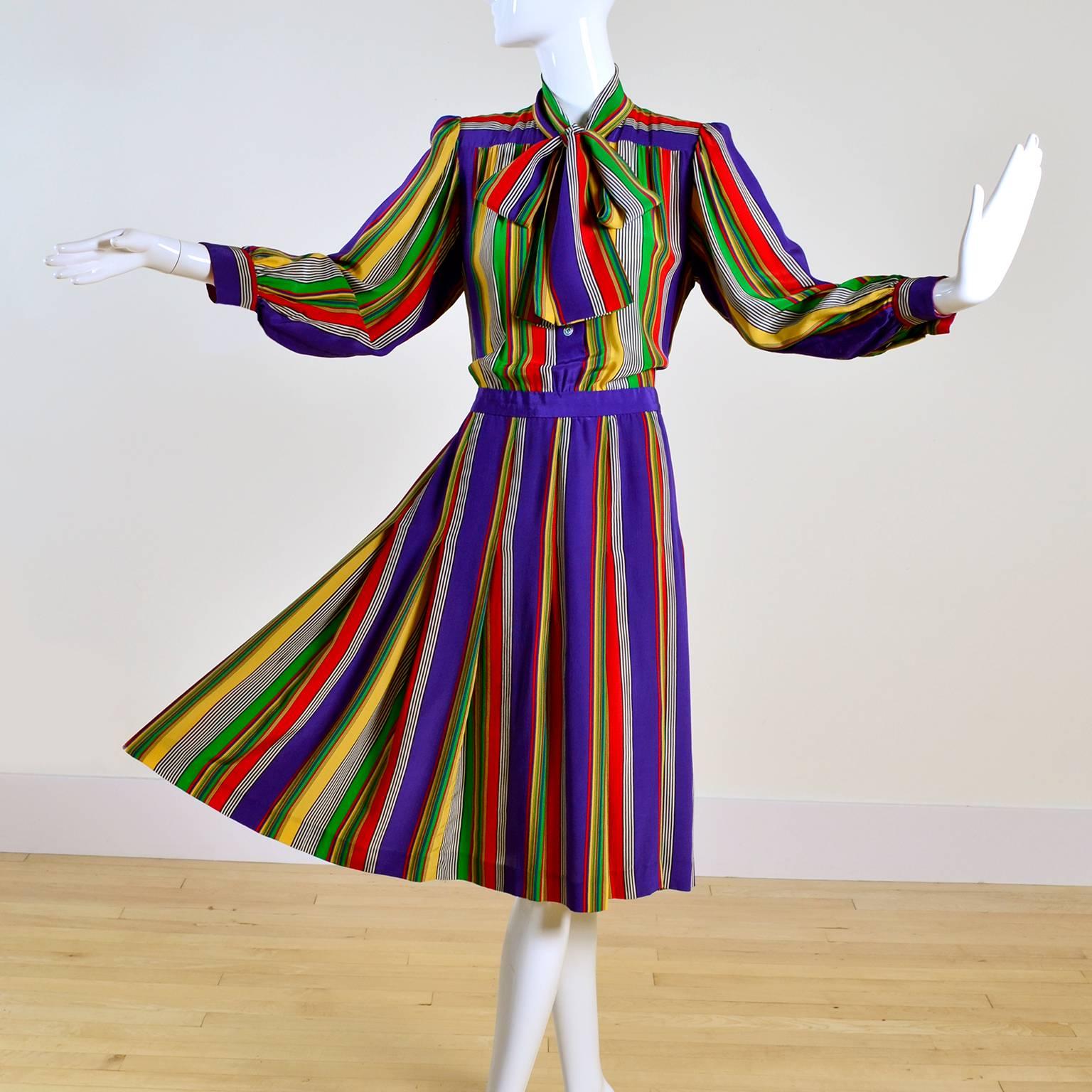 1982 Yves Saint Laurent YSL Documented Vintage Multi Colored Striped Silk Dress 2