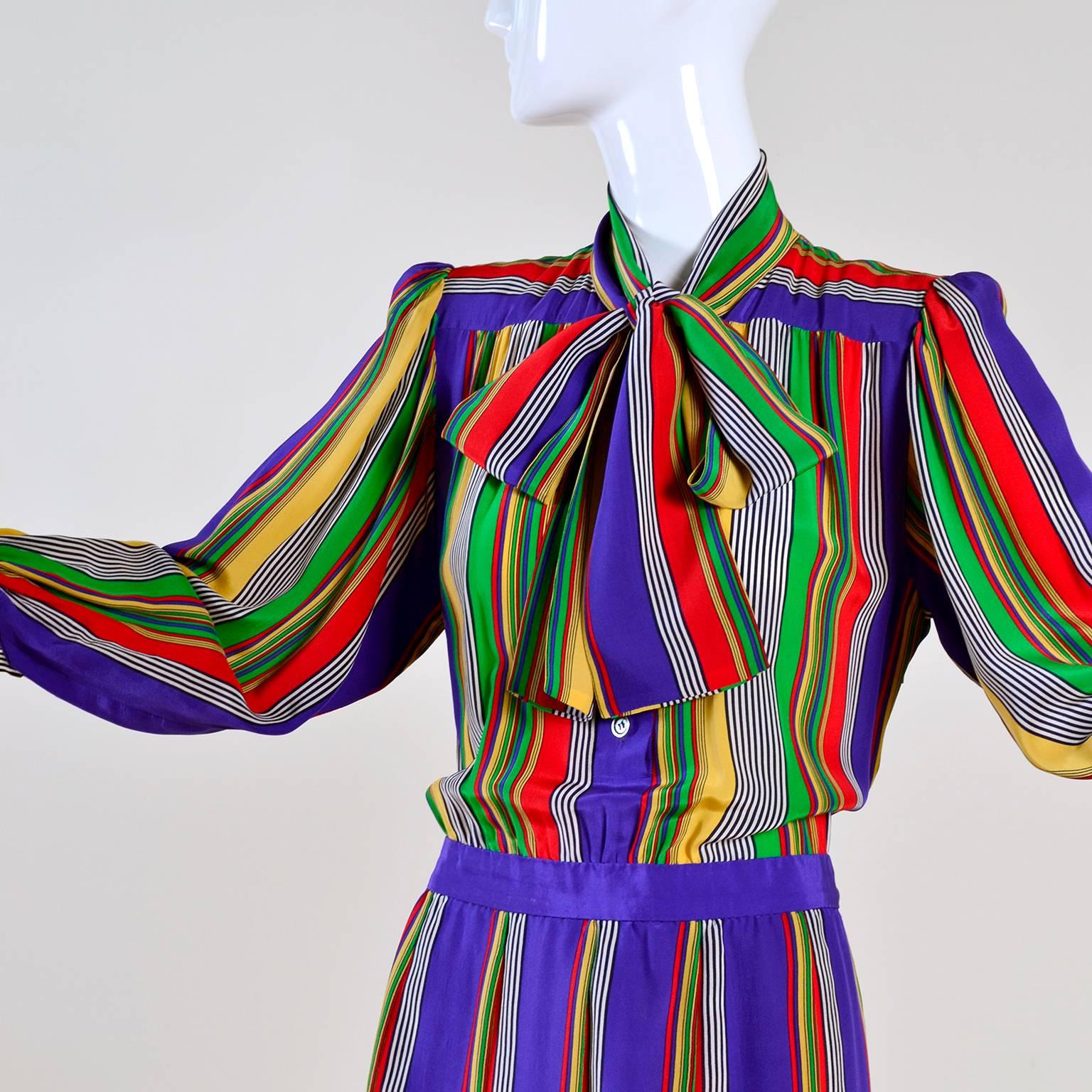 1982 Yves Saint Laurent YSL Documented Vintage Multi Colored Striped Silk Dress 3